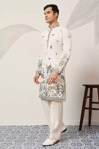 White viscose silk thread with sequence embroidered work kurta only