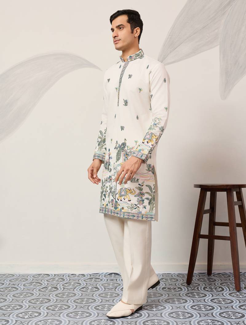 White viscose silk thread with sequence embroidered work kurta only
