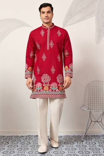 Red viscose silk thread with sequence embroidered work kurta only