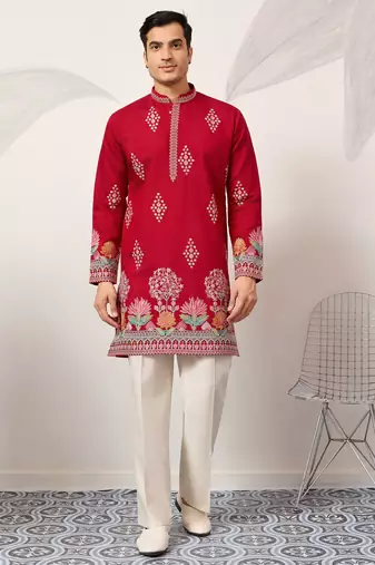Red viscose silk thread with sequence embroidered work kurta only