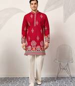 Red viscose silk thread with sequence embroidered work kurta only
