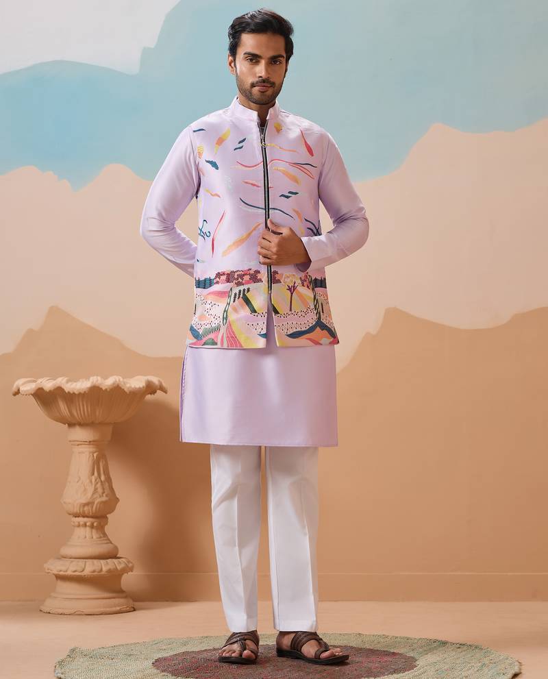 Lavender silk multi thread with embroidered work kurta jacket & bottom