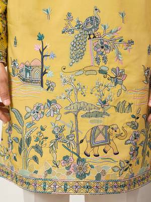 Yellow viscose silk thread with sequence embroidered work kurta only 5