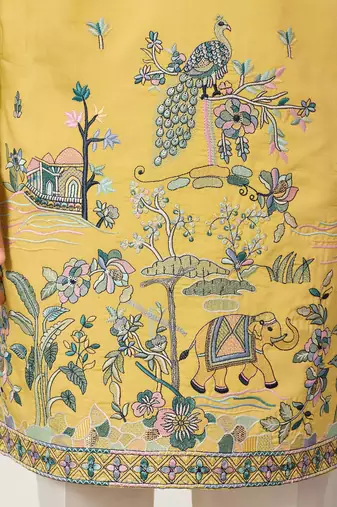 Yellow viscose silk thread with sequence embroidered work kurta only