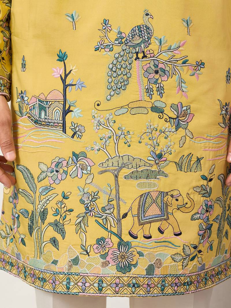 Yellow viscose silk thread with sequence embroidered work kurta only