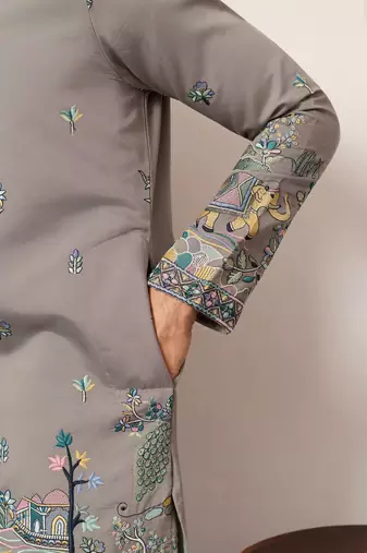 Grey viscose silk thread with sequence embroidered work kurta only