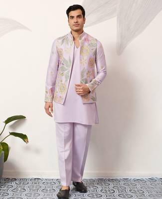 LAVENDER SATIN SILK THEAD WITH SEQUINS EMBROIDERED WORK WEDDING FUNCTION FESTIVAL PARTY WEAR STRAIGHT KURTA PANT KOTI 9