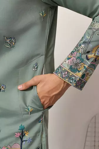 Pista viscose silk thread with sequence embroidered work kurta only