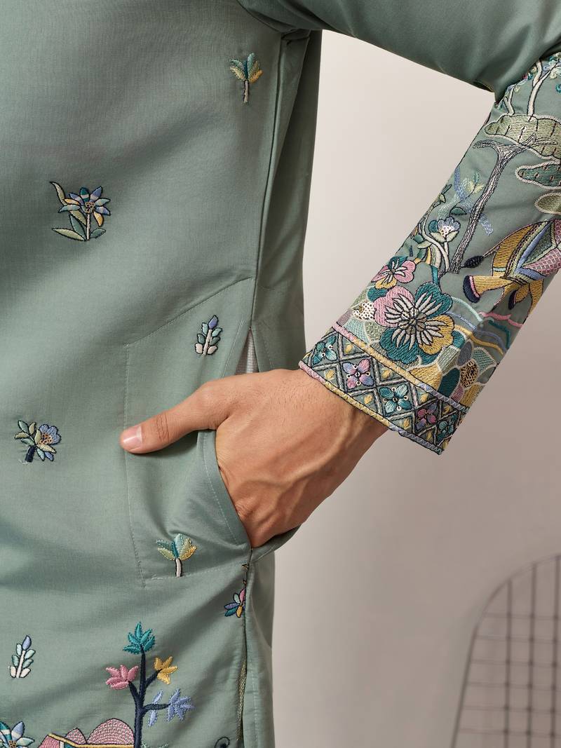 Pista viscose silk thread with sequence embroidered work kurta only