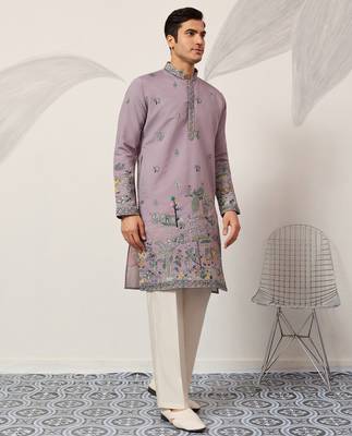 Purple viscose silk thread with sequence embroidered work kurta only 2