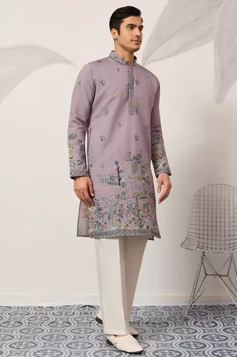 Purple viscose silk thread with sequence embroidered work kurta only