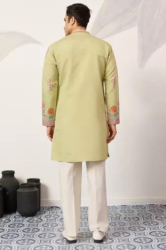 Pista viscose silk thread with sequence embroidered work kurta only