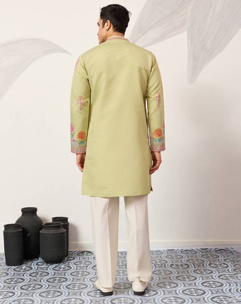 Pista viscose silk thread with sequence embroidered work kurta only
