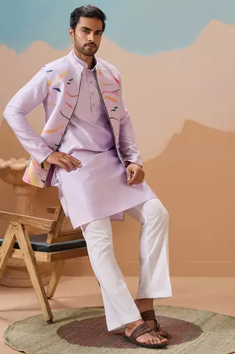Lavender silk multi thread with embroidered work kurta jacket & bottom