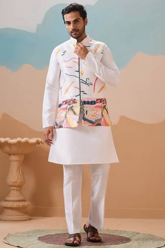 White silk multi thread with embroidered work kurta jacket & bottom