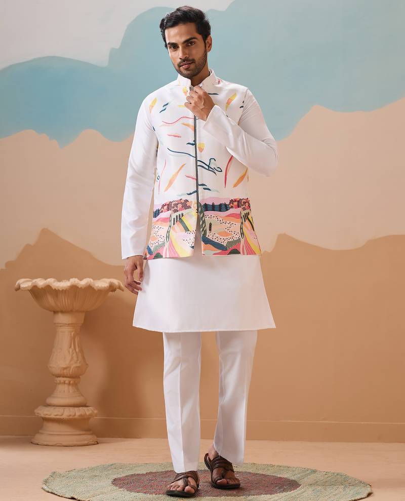 White silk multi thread with embroidered work kurta jacket & bottom