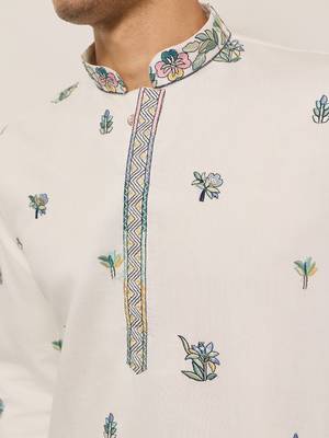 White viscose silk thread with sequence embroidered work kurta only 3