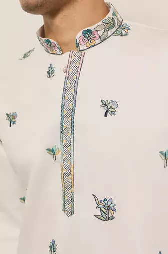 White viscose silk thread with sequence embroidered work kurta only