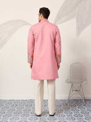 Pink viscose silk thread with sequence embroidered work kurta only 4