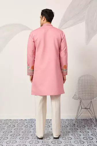 Pink viscose silk thread with sequence embroidered work kurta only