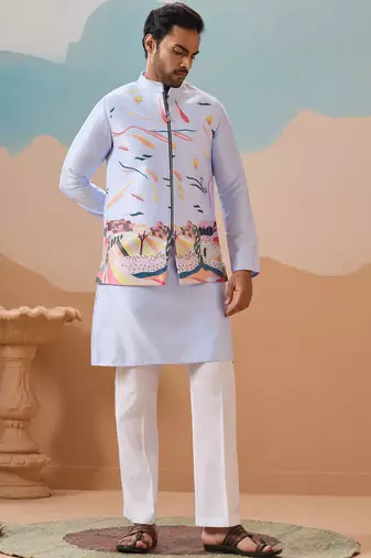 Sky blue silk multi thread with embroidered work kurta jacket & bottom