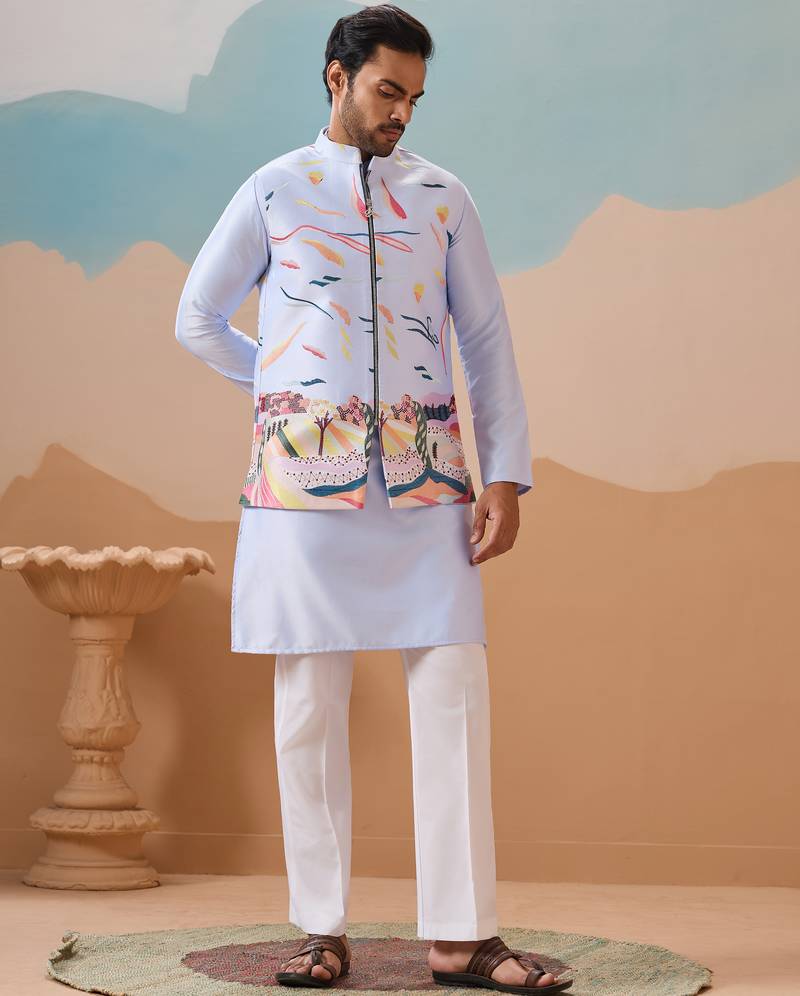 Sky blue silk multi thread with embroidered work kurta jacket & bottom