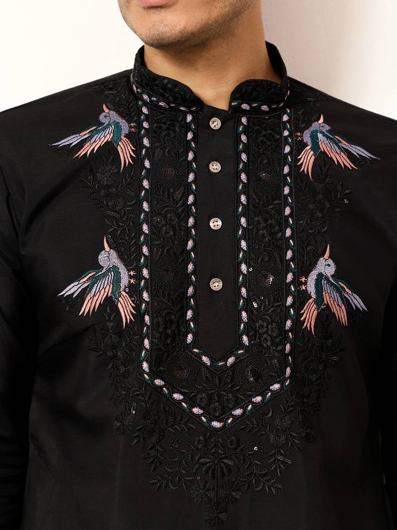 Black viscose silk thread with sequence embroidered work kurta & dupatta