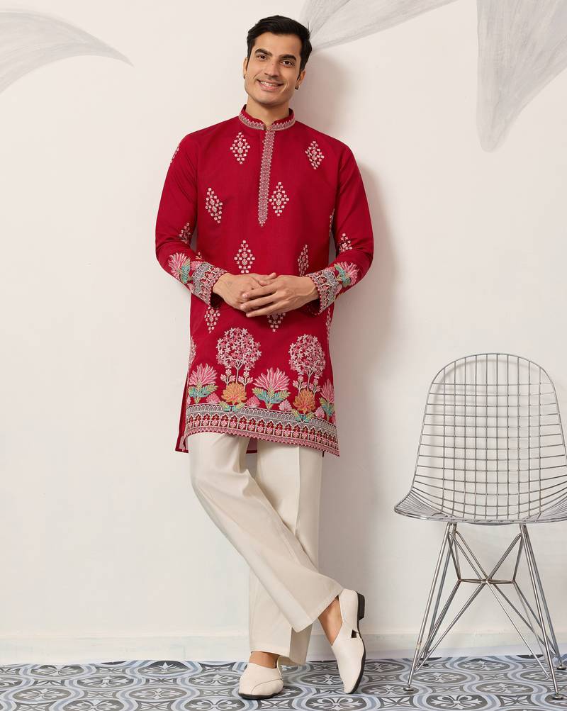 Red viscose silk thread with sequence embroidered work kurta only