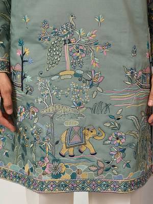 Pista viscose silk thread with sequence embroidered work kurta only 5