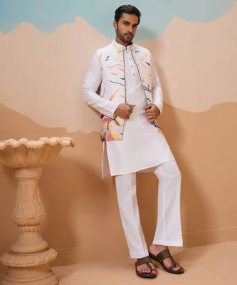 White silk multi thread with embroidered work kurta jacket & bottom 2
