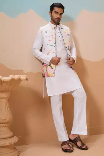 White silk multi thread with embroidered work kurta jacket & bottom
