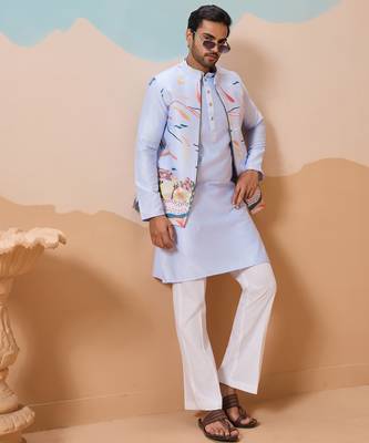 Sky blue silk multi thread with embroidered work kurta jacket & bottom 2
