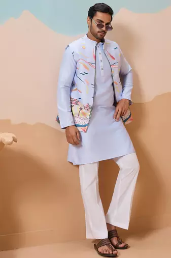 Sky blue silk multi thread with embroidered work kurta jacket & bottom