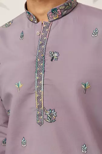 Purple viscose silk thread with sequence embroidered work kurta only