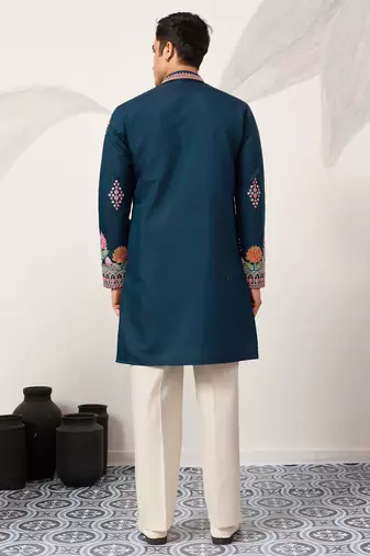 Teal viscose silk thread with sequence embroidered work kurta only