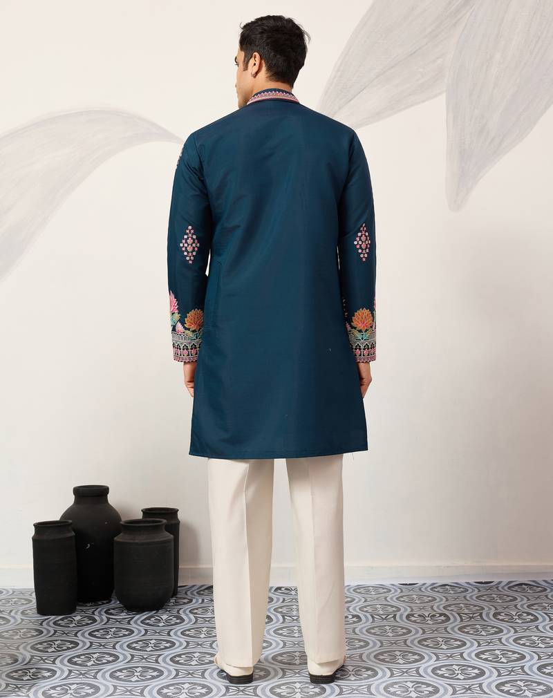 Teal viscose silk thread with sequence embroidered work kurta only