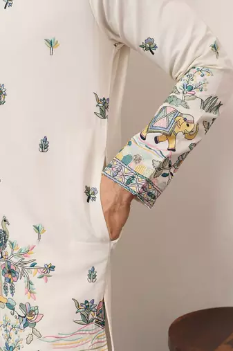 White viscose silk thread with sequence embroidered work kurta only
