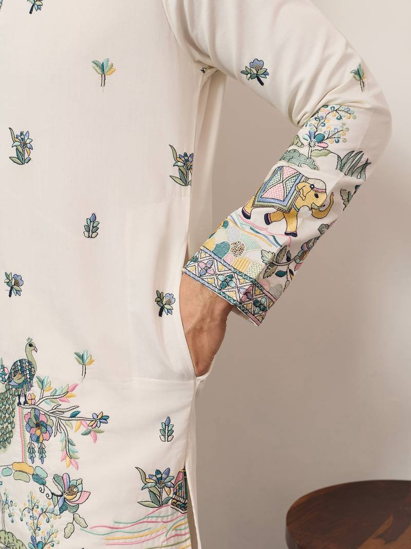 White viscose silk thread with sequence embroidered work kurta only