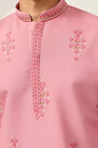 Pink viscose silk thread with sequence embroidered work kurta only