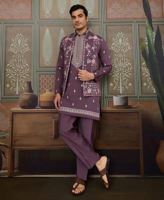 Dusty purple viscose silk multi thread with sequence embroidered work kurta jacket & bottom 1
