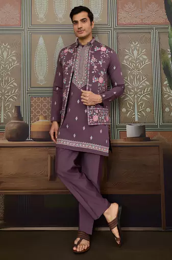 Dusty purple viscose silk multi thread with sequence embroidered work kurta jacket & bottom