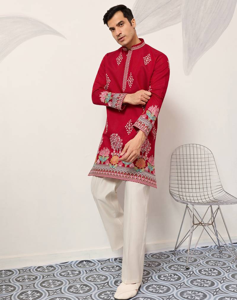 Red viscose silk thread with sequence embroidered work kurta only