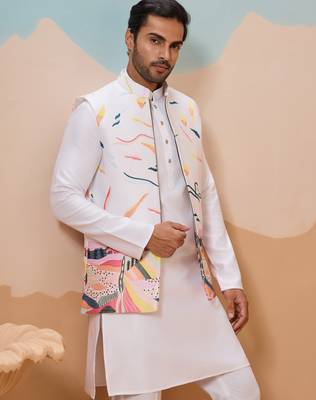 White silk multi thread with embroidered work kurta jacket & bottom 3