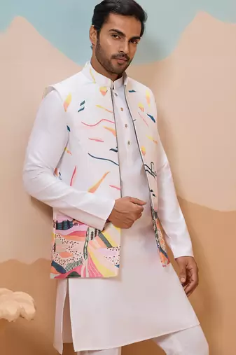 White silk multi thread with embroidered work kurta jacket & bottom