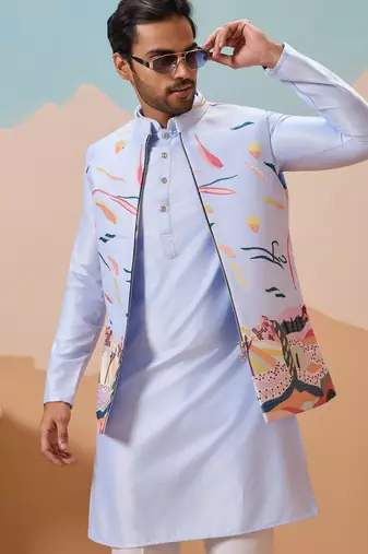 Sky blue silk multi thread with embroidered work kurta jacket & bottom