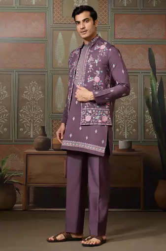 Dusty purple viscose silk multi thread with sequence embroidered work kurta jacket & bottom