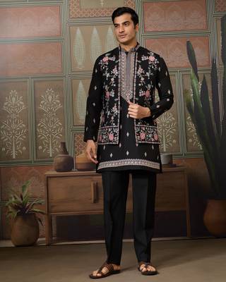 Black viscose silk multi thread with sequence embroidered work kurta jacket & bottom 1
