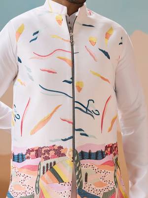 White silk multi thread with embroidered work kurta jacket & bottom 4