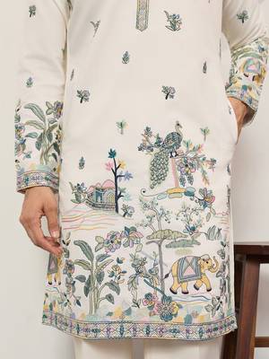 White viscose silk thread with sequence embroidered work kurta only 5