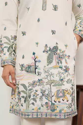 White viscose silk thread with sequence embroidered work kurta only